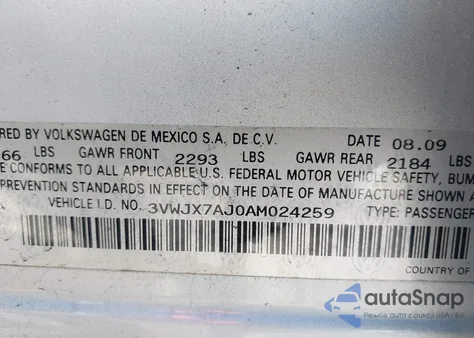 2010 Volkswagen Jetta S z USA, uszkodzony, nr VIN 3VWJX7AJ0AM024259